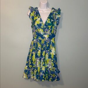 Taylor Blue and Green Floral Mini Dress, Small